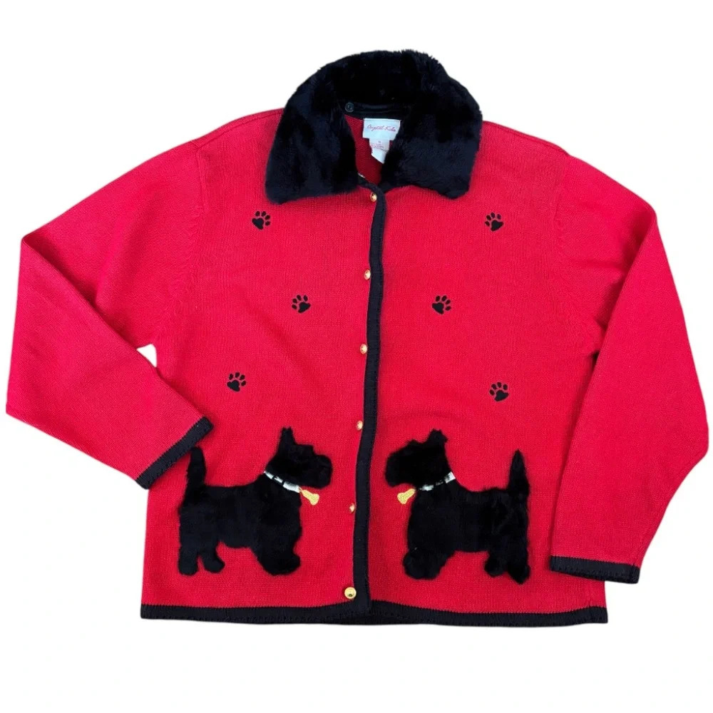 Vintage Red Scottie Dog Cardigan Sweater Fur Trim Cottagecore Retro Sz Med